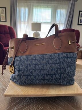 Michael Kors Brown Leather & Blue Denim MK Logo Tote